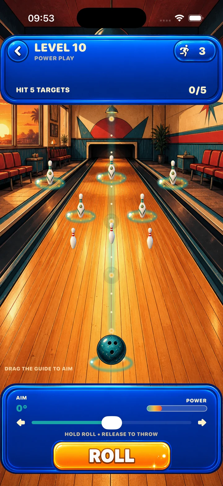 Gameplay on a bowling lane with target pins, aim guide, spin control, power meter, and Roll button