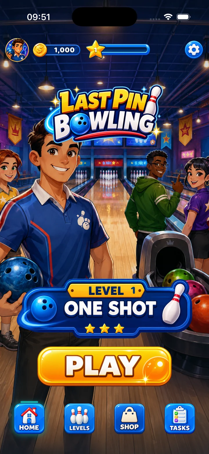 Last Pin Bowling home screen with Play, Tasks, Shop, and Settings navigation