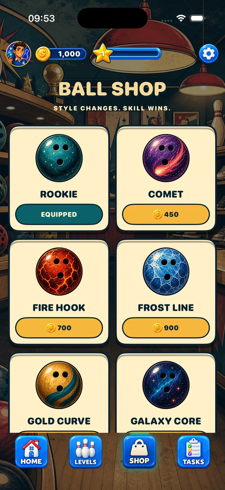 Ball style screen showing cosmetic bowling-ball choices